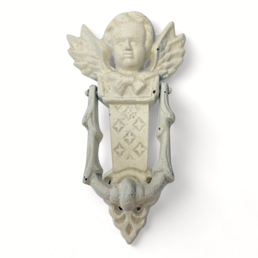 Cast Iron Angel Cherub Door Knocker Distressed Chippy Paint Victorian Revival